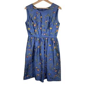Lena Medoyeff Women's M Blue Embroidered Floral Sleeveless Silk Midi Dress